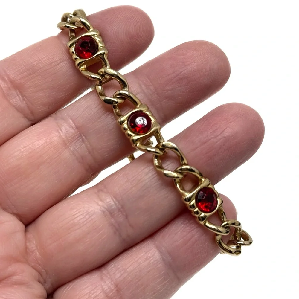 Vintage Goldtone Link Bracelet with Red Rhinestones